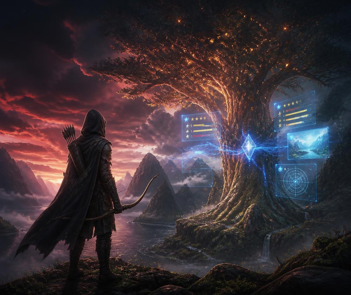 Illustrated scene of a game world with floating rating panels
