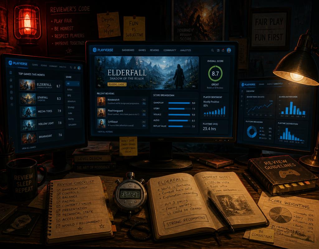 Review desk with portal dashboards and written notes